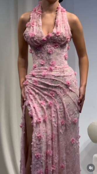 Classy Mermaid Halter V Neck Pink Lace With High Slit Prom Dress Aesthetic For Teens Formal Dresses Party Outfits Prom Gown AB1123