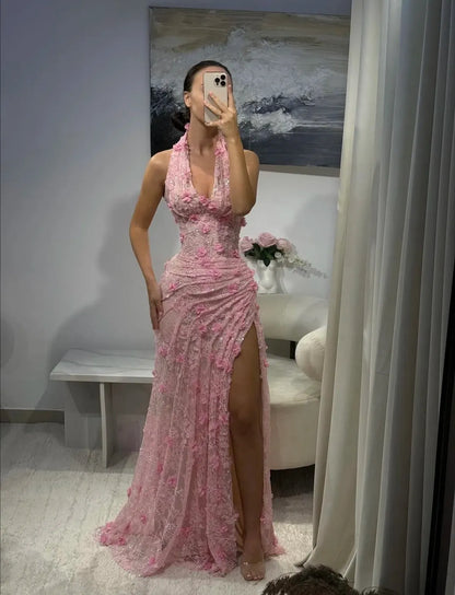 Classy Mermaid Halter V Neck Pink Lace With High Slit Prom Dress Aesthetic For Teens Formal Dresses Party Outfits Prom Gown AB1123