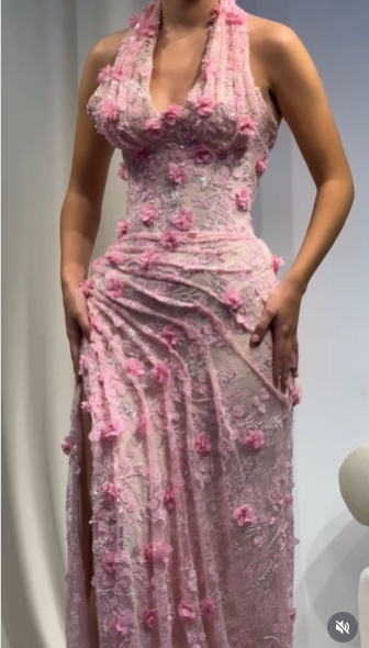 Classy Mermaid Halter V Neck Pink Lace With High Slit Prom Dress Aesthetic For Teens Formal Dresses Party Outfits Prom Gown AB1123
