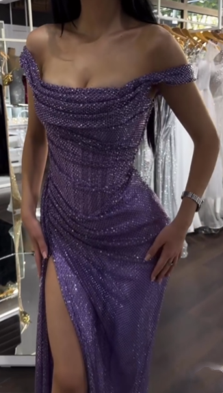 Shinning Mermaid Off The Shoulder Lilac Slit Sequins For Women Party Dresses Long Formal Prom Dresses 18th Birthday Gown AB1334