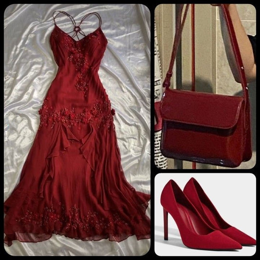 Vintage Mermaid Spaghetti Straps Burgundy Long Evening Dresses With Beads AB134