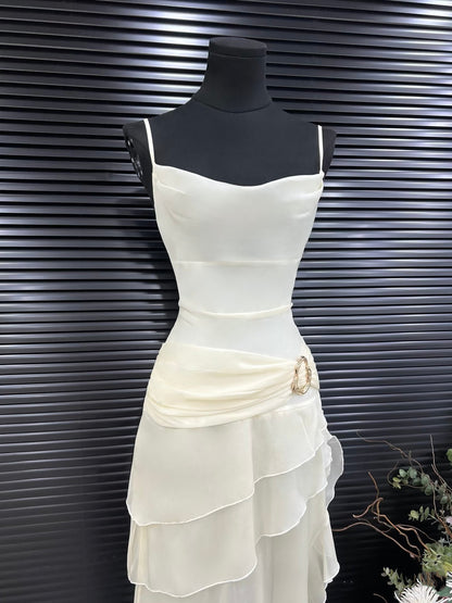 Modest Mermaid Spaghetti Strap Ivory Chiffon Party Dress Pleated Prom Dresses AB143