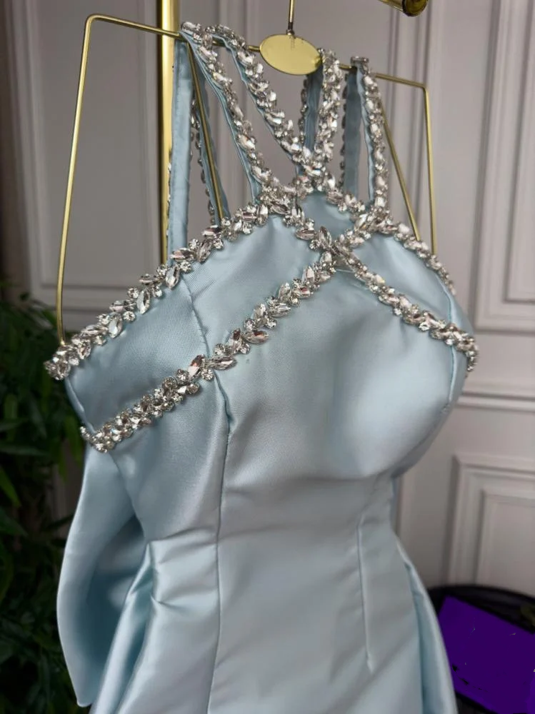 Elegant Baby Blue With Beaded Neck Mermaid Prom Dresses Evening Dress For Women AB1451