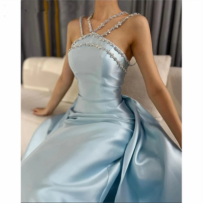 Elegant Baby Blue With Beaded Neck Mermaid Prom Dresses Evening Dress For Women AB1451
