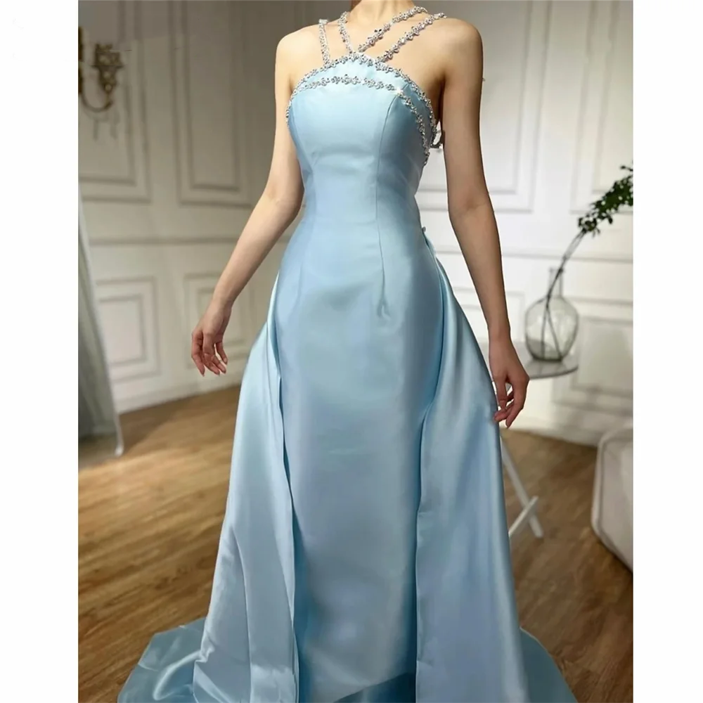 Elegant Baby Blue With Beaded Neck Mermaid Prom Dresses Evening Dress For Women AB1451