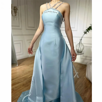Elegant Baby Blue With Beaded Neck Mermaid Prom Dresses Evening Dress For Women AB1451