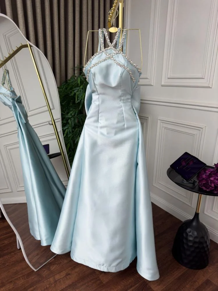 Elegant Baby Blue With Beaded Neck Mermaid Prom Dresses Evening Dress For Women AB1451