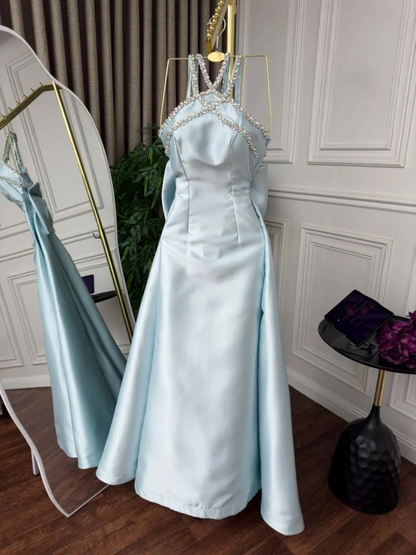 Elegant Baby Blue With Beaded Neck Mermaid Prom Dresses Evening Dress For Women AB1451
