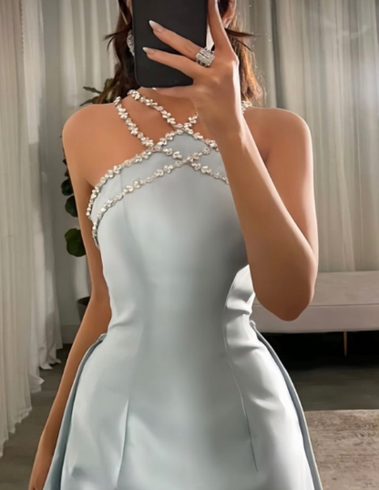 Elegant Baby Blue With Beaded Neck Mermaid Prom Dresses Evening Dress For Women AB1451