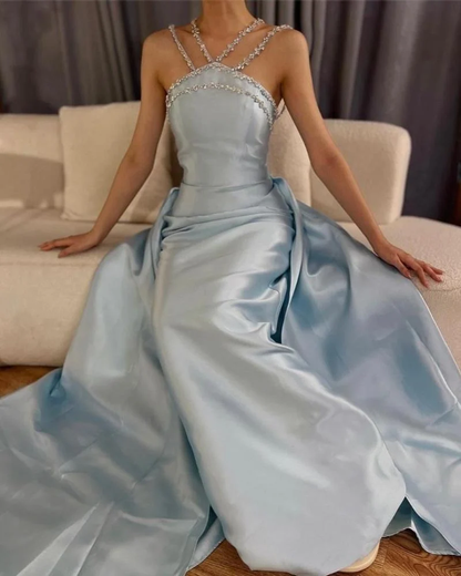 Elegant Baby Blue With Beaded Neck Mermaid Prom Dresses Evening Dress For Women AB1451