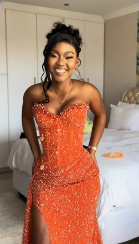 Orange Mermaid Prom Dress Sleeveless Sweetheart Sequined Formal Dress Party Gown For Women AB1531