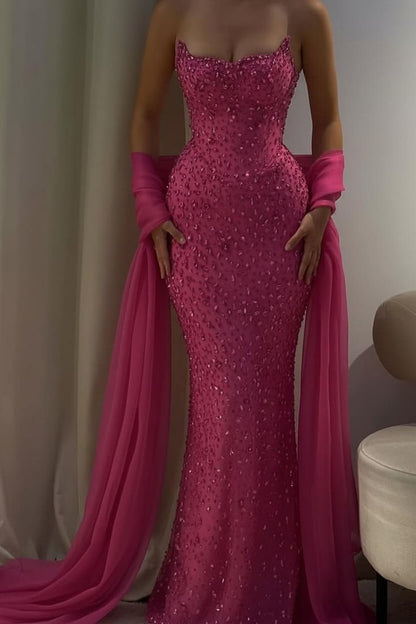 Charming Strapless Sleeveless Long Mermaid Prom Dress With Beading AB1594