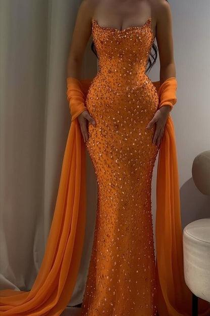 Charming Strapless Sleeveless Long Mermaid Prom Dress With Beading AB1594