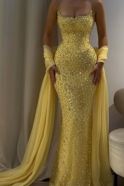 Charming Strapless Sleeveless Long Mermaid Prom Dress With Beading AB1594