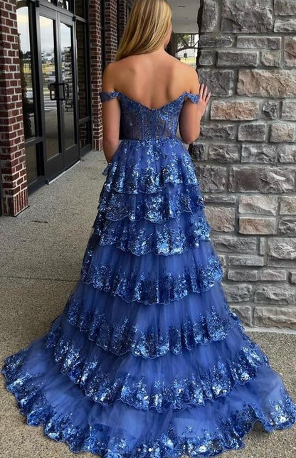 Modest Ball Gown Straps Navy Blue Lace Prom Dresses Long for Women Ruffle Formal Evening Gown AB161