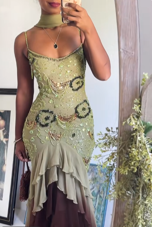 Sexy Prom Dresses Impress High Low Spaghetti Straps Sage Green Chiffon With Beads Semi Formal Graduation Party Dress For Teens High Schools AB1951
