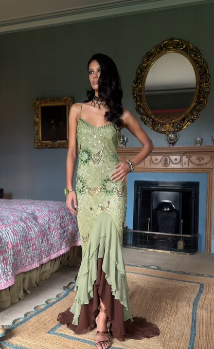 Sexy Prom Dresses Impress High Low Spaghetti Straps Sage Green Chiffon With Beads Semi Formal Graduation Party Dress For Teens High Schools AB1951