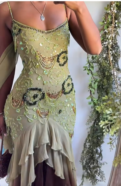 Sexy Prom Dresses Impress High Low Spaghetti Straps Sage Green Chiffon With Beads Semi Formal Graduation Party Dress For Teens High Schools AB1951