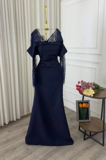 Elegant Mermaid Off The Shoulder Navy Blue With Sleeves Winter Long Formal Ideas Prom Evening Dress Dinner Outfits Party Gowns For Women AB2029