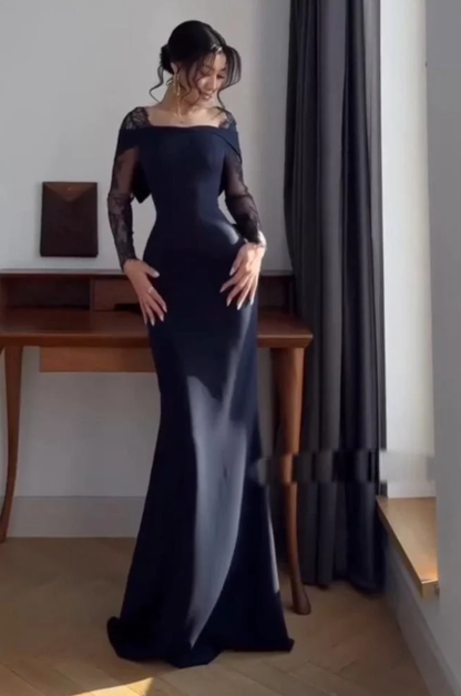 Elegant Mermaid Off The Shoulder Navy Blue With Sleeves Winter Long Formal Ideas Prom Evening Dress Dinner Outfits Party Gowns For Women AB2029