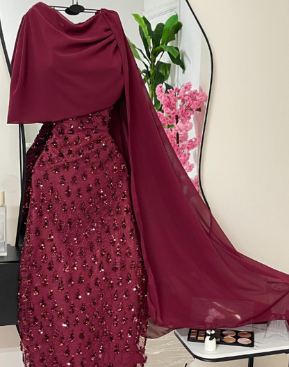 Elegant Sheath Navy Blue Sequins With Cape Long Formal Fancy Prom Evening Dress Dinner Outfits Classy Party Gowns AB2046