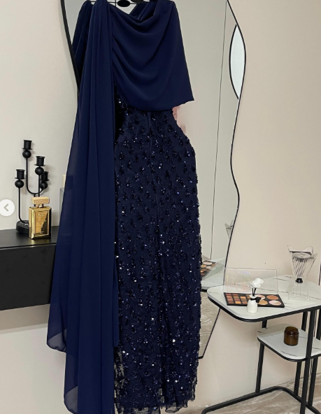 Elegant Sheath Navy Blue Sequins With Cape Long Formal Fancy Prom Evening Dress Dinner Outfits Classy Party Gowns AB2046
