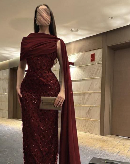Elegant Sheath Navy Blue Sequins With Cape Long Formal Fancy Prom Evening Dress Dinner Outfits Classy Party Gowns AB2046