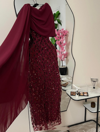 Elegant Sheath Navy Blue Sequins With Cape Long Formal Fancy Prom Evening Dress Dinner Outfits Classy Party Gowns AB2046