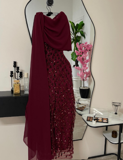 Elegant Sheath Navy Blue Sequins With Cape Long Formal Fancy Prom Evening Dress Dinner Outfits Classy Party Gowns AB2046