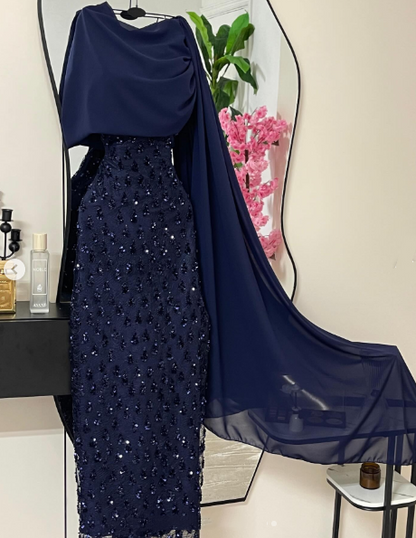 Elegant Sheath Navy Blue Sequins With Cape Long Formal Fancy Prom Evening Dress Dinner Outfits Classy Party Gowns AB2046