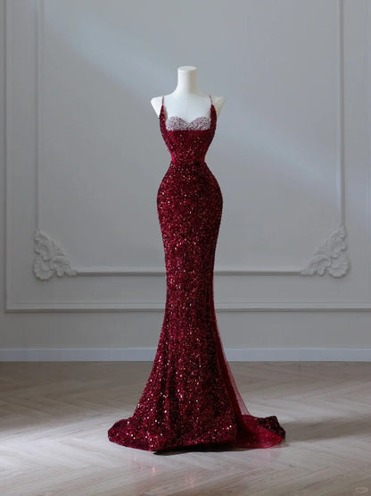 Sparkly Mermaid Spaghetti Straps Sequins Burgundy Long Formal Fancy Prom Evening Dress Dinner Outfits Classy Party Gowns AB2047