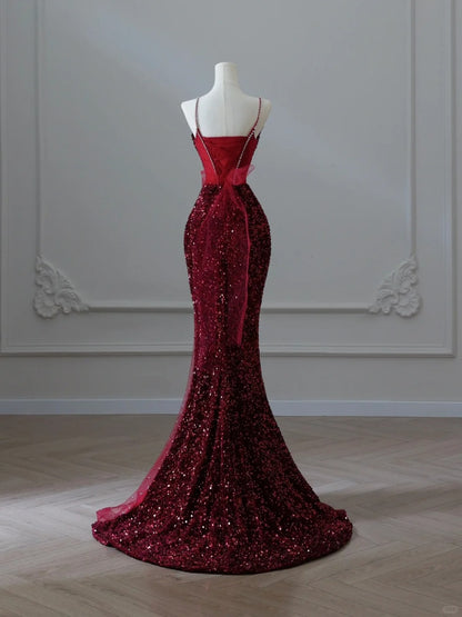 Sparkly Mermaid Spaghetti Straps Sequins Burgundy Long Formal Fancy Prom Evening Dress Dinner Outfits Classy Party Gowns AB2047