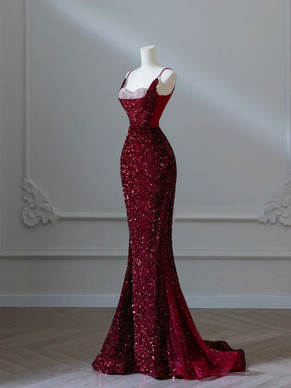 Sparkly Mermaid Spaghetti Straps Sequins Burgundy Long Formal Fancy Prom Evening Dress Dinner Outfits Classy Party Gowns AB2047