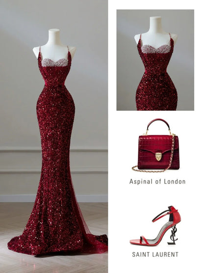 Sparkly Mermaid Spaghetti Straps Sequins Burgundy Long Formal Fancy Prom Evening Dress Dinner Outfits Classy Party Gowns AB2047