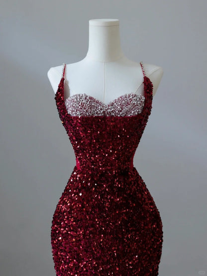 Sparkly Mermaid Spaghetti Straps Sequins Burgundy Long Formal Fancy Prom Evening Dress Dinner Outfits Classy Party Gowns AB2047
