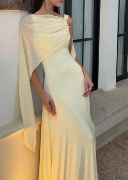 Classy Mermaid Square Neck Slim Yellow Long Formal Fancy Prom Evening Dresses Dinner Outfits Classy Party Gown AB2050