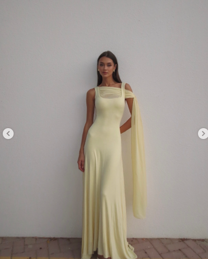 Classy Mermaid Square Neck Slim Yellow Long Formal Fancy Prom Evening Dresses Dinner Outfits Classy Party Gown AB2050