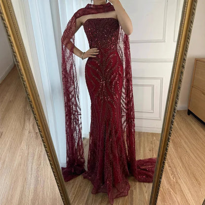 Elegant Mermaid Strapless Burgundy With Sequins Scarf Long Formal Fancy Evening Dress Dinner Outfits Classy Party Gowns AB2060