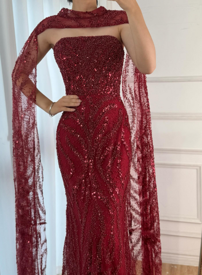 Elegant Mermaid Strapless Burgundy With Sequins Scarf Long Formal Fancy Evening Dress Dinner Outfits Classy Party Gowns AB2060