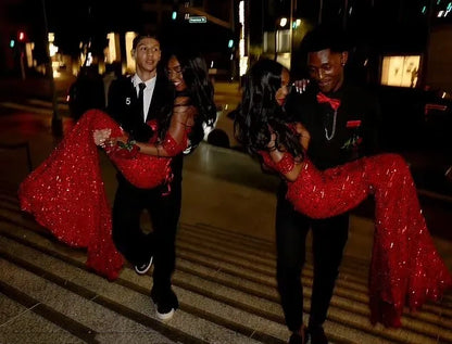Glitter Mermaid Off The Shoulder Red Sequins Long Formal Fancy Prom Evening Dress Dinner Outfits Classy Party Gowns For Black Girls AB2086