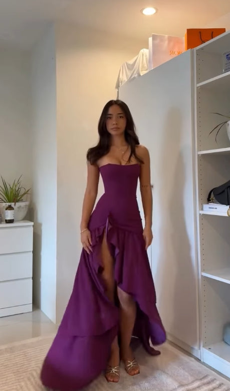 Classy High Low Strapless Grape Satin Slit Prom Dresses Party Dress Long Evening Dresses AB2148