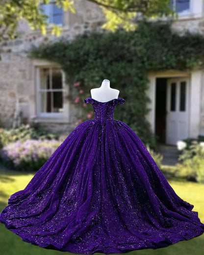 Chic Ball Gown Off The Shoulder Grape Sequins Long Formal Fancy Prom Evening Dress Dinner Outfits Party Gowns For Teens Girls AB2160