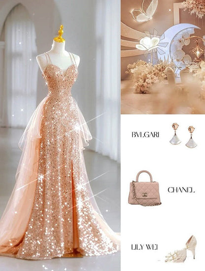 Chic Mermaid Spaghetti Straps Lilac Sequins Long Formal Fancy Prom Evening Dress Dinner Outfits Party Gowns For Teens AB2172