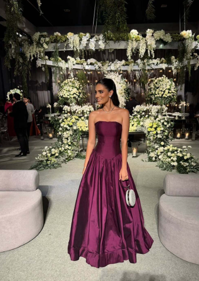 Modest Ball Gown Strapless Purple Satin Prom Dresses Drop Waist Party Dress Evening Dresses AB2182