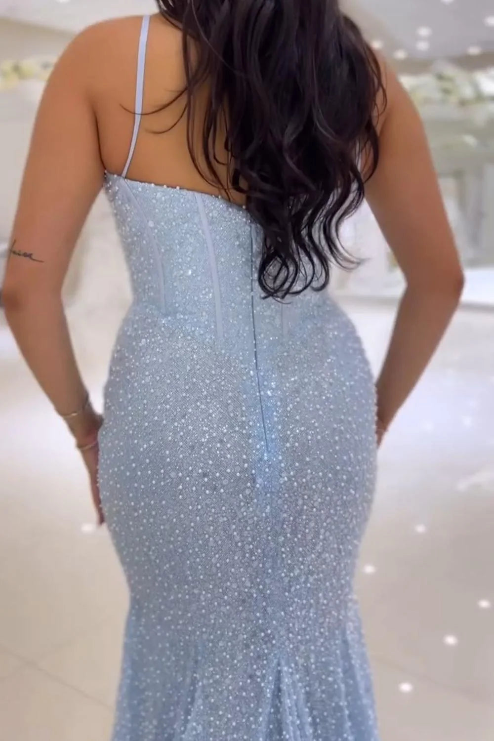 Sexy Prom Dresses 1950s Mermaid Spaghetti Straps Light Sky Blue Sequins Long Parties Gowns Evening Dress AB2183