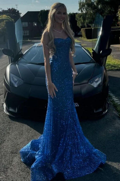 Sexy Prom Dresses 1950s Mermaid Spaghetti Straps Light Sky Blue Sequins Long Parties Gowns Evening Dress AB2183