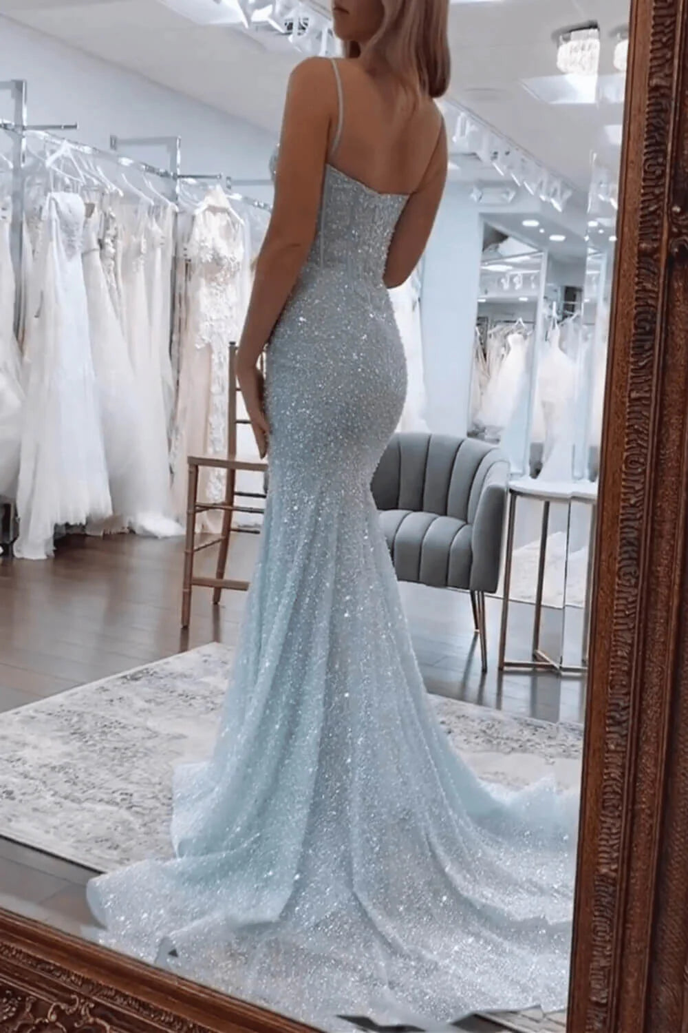 Sexy Prom Dresses 1950s Mermaid Spaghetti Straps Light Sky Blue Sequins Long Parties Gowns Evening Dress AB2183