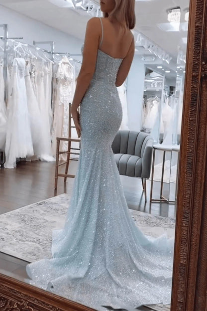 Sexy Prom Dresses 1950s Mermaid Spaghetti Straps Light Sky Blue Sequins Long Parties Gowns Evening Dress AB2183