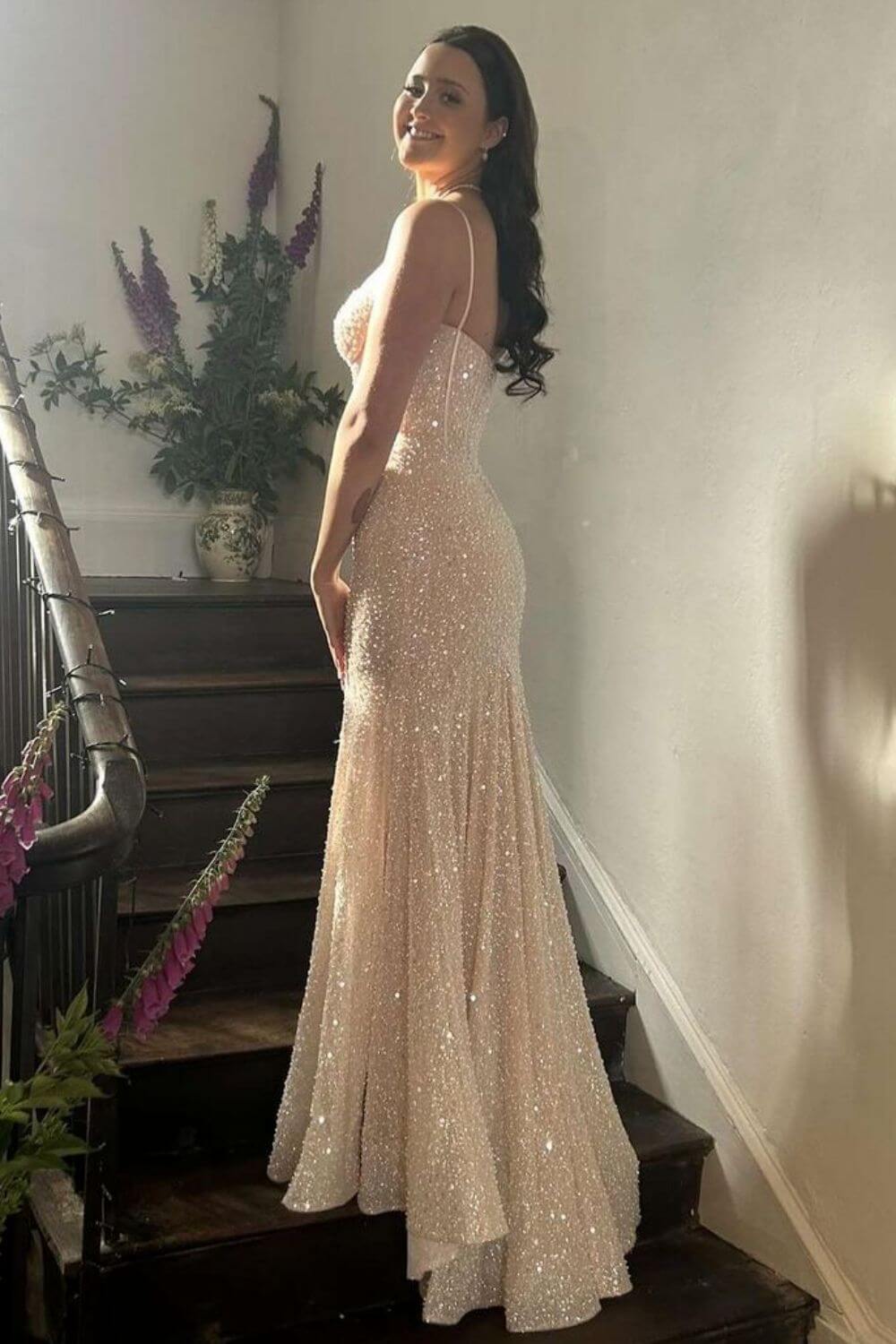 Sexy Prom Dresses 1950s Mermaid Spaghetti Straps Light Sky Blue Sequins Long Parties Gowns Evening Dress AB2183
