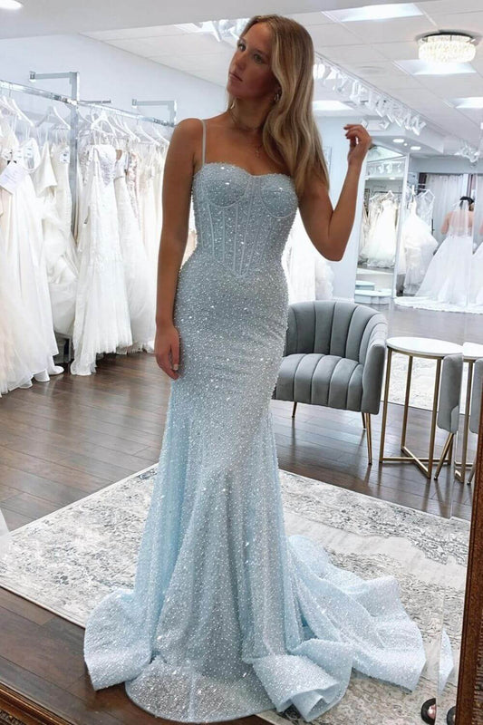 Sexy Prom Dresses 1950s Mermaid Spaghetti Straps Light Sky Blue Sequins Long Parties Gowns Evening Dress AB2183
